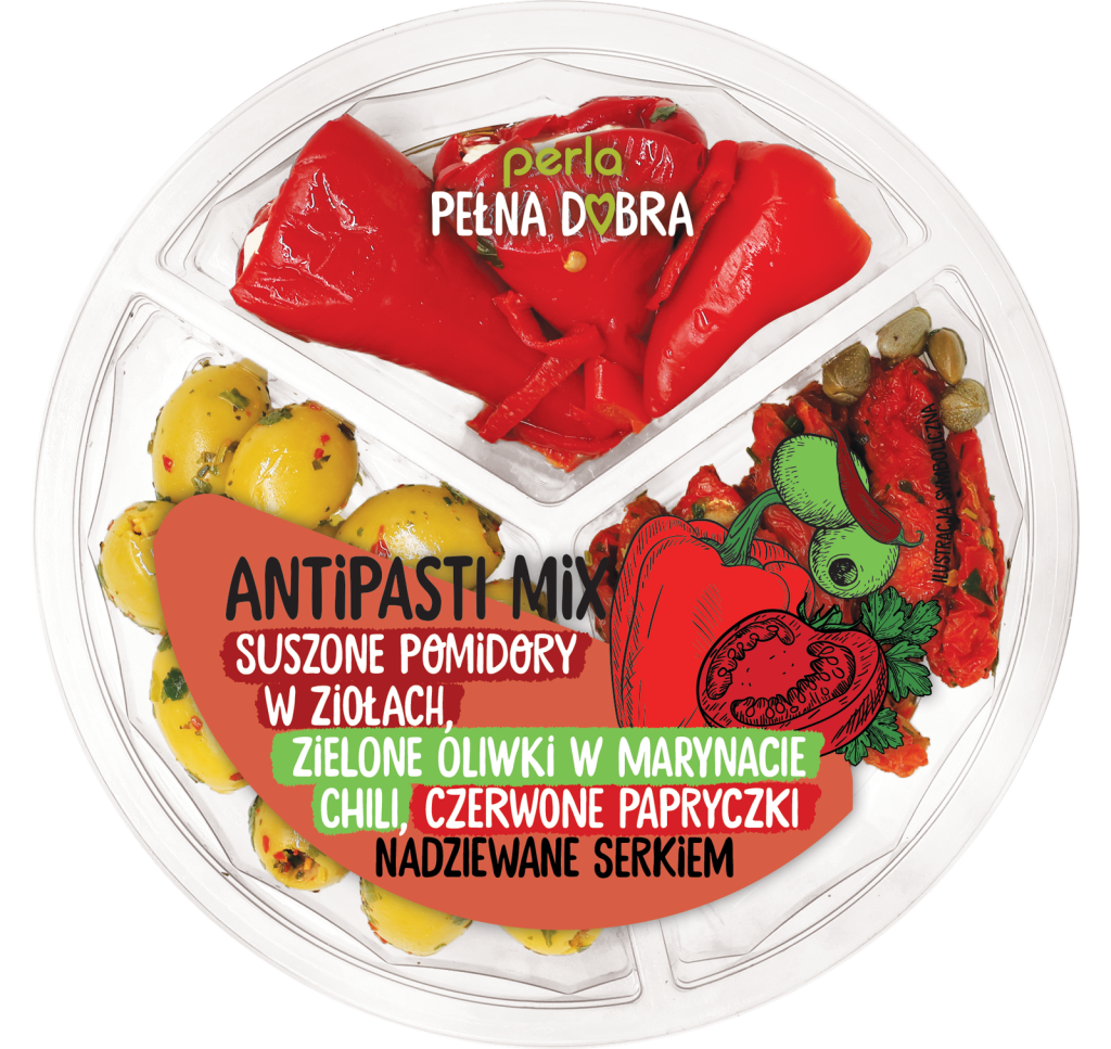 Antipasti Mix: Suszone pomidory w ziołach, zielone oliwki w marynacie chili, czerwone papryczki nadziewane serkiem