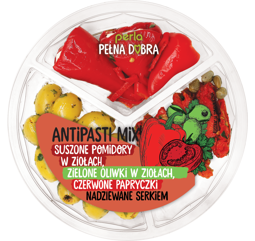 Antipasti Mix: Suszone pomidory w ziołach, zielone oliwki w marynacie ziołowej, czerwone papryczki nadziewane serkiem
