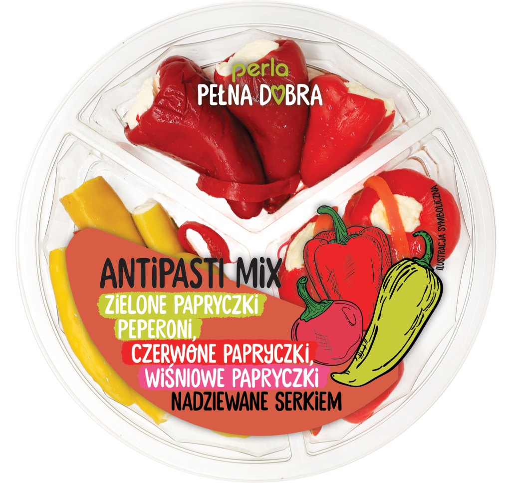 Antipasti Mix: Zielone papryczki peperoni, czerwone papryczki, wiśniowe papryczki nadziewane serkiem