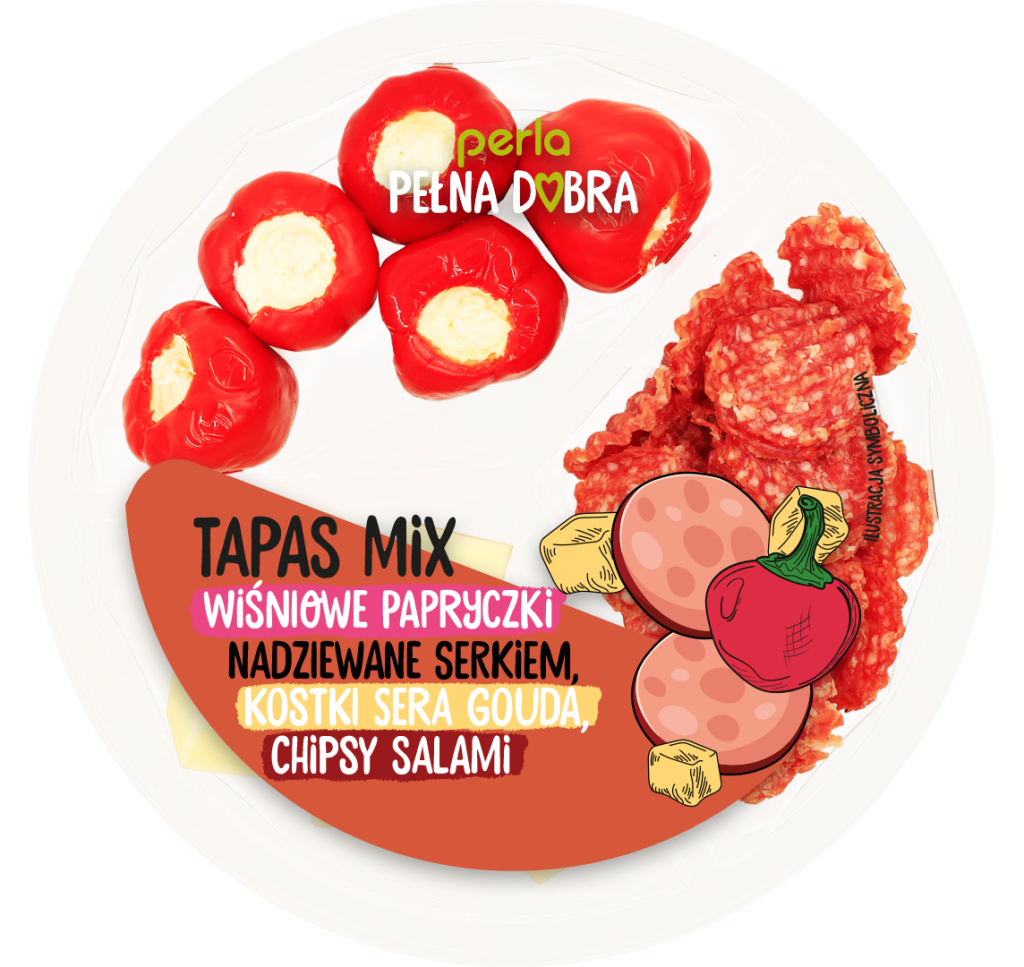Tapas Mix: Wiśniowe papryczki nadziewane serkiem, kostki sera gouda, chipsy salami