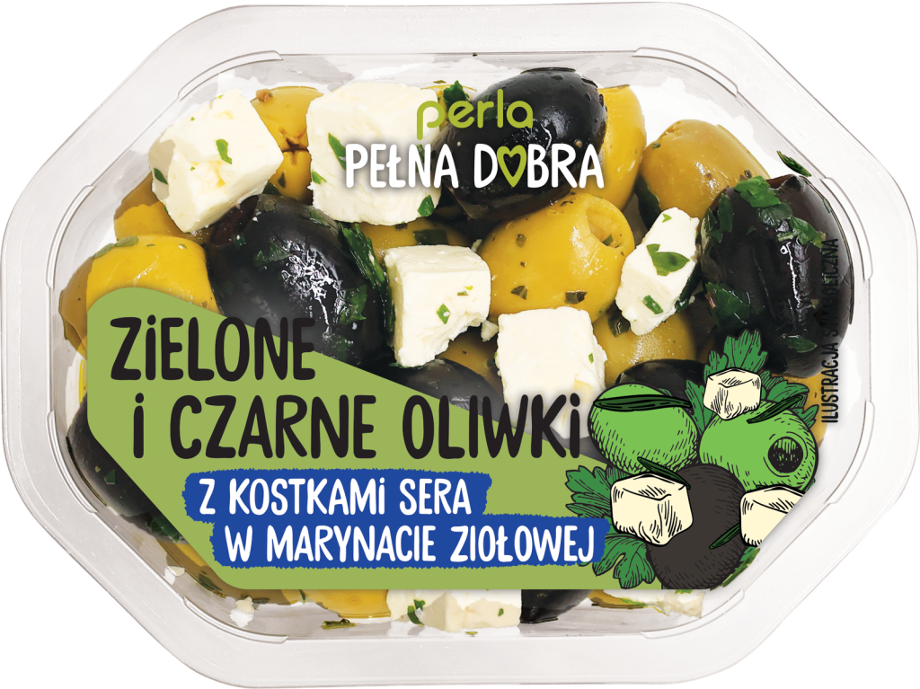 Zielone i czarne oliwki z kostkami sera w marynacie ziołowej
