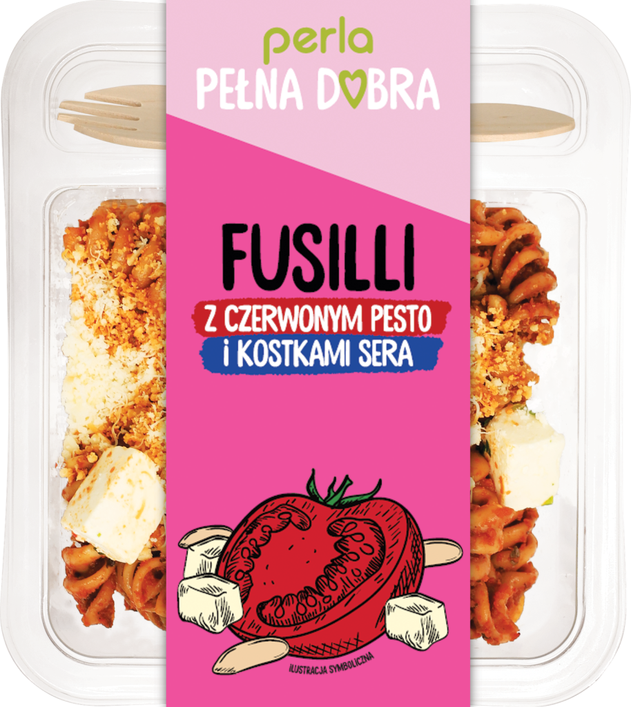 Fussili z czerwonym pesto i kostkami sera